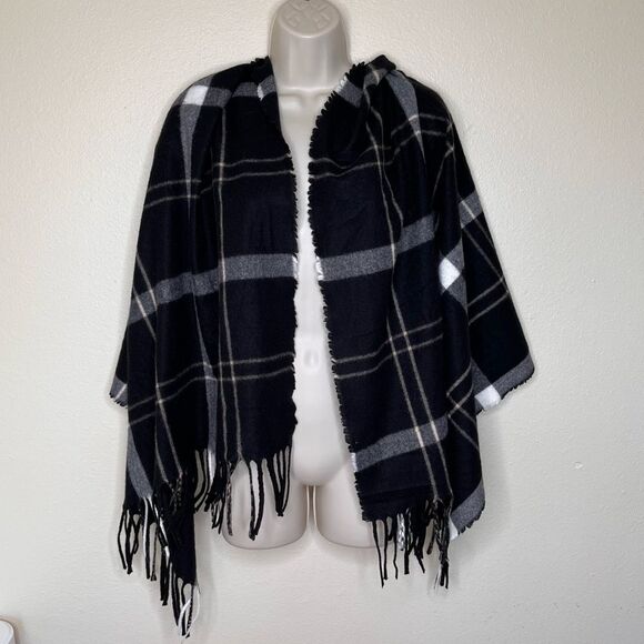 Hollister Black Tan Cream Plaid Fringed Blanket Scarf Unisex Academia Classic - Picture 2 of 8